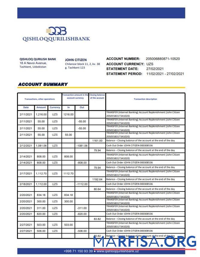 Realistic Uzbekistan Qishloq Qurilish bank statement excel template